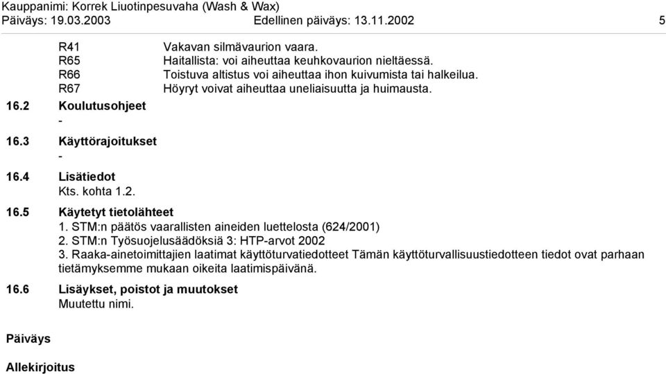 5 Käytetyt tietolähteet 1. STM:n päätös vaarallisten aineiden luettelosta (624/2001) 2. STM:n Työsuojelusäädöksiä 3: HTParvot 2002 3.