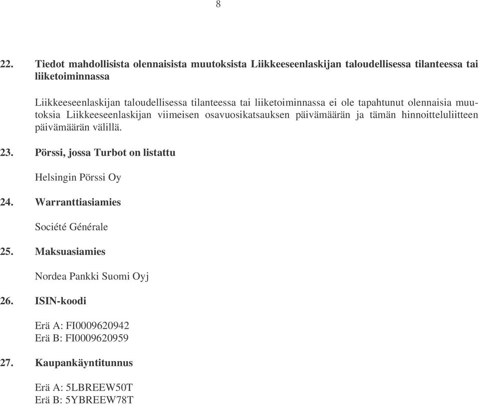 päivämäärän ja tämän hinnoitteluliitteen päivämäärän välillä. 23. Pörssi, jossa Turbot on listattu Helsingin Pörssi Oy 24.