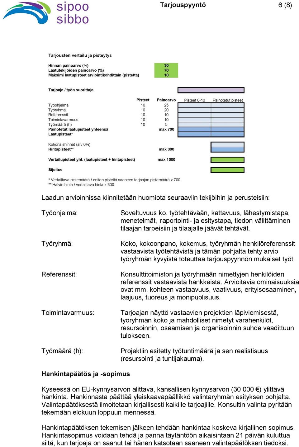 Koko, kokoonpano, kokemus, työryhmän henkilöreferenssit vastaavista työtehtävistä ja tämän pohjalta tehty arvio työryhmän kyvyistä toteuttaa tarjouspyynnön mukaiset työt.