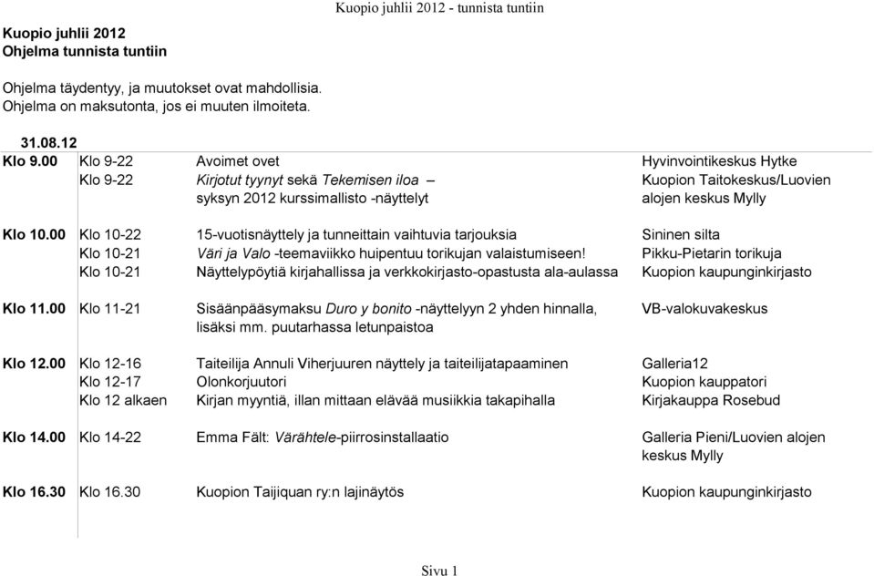 00 Klo 10-22 15-vuotisnäyttely ja tunneittain vaihtuvia tarjouksia Sininen silta Klo 10-21 Väri ja Valo -teemaviikko huipentuu torikujan valaistumiseen!