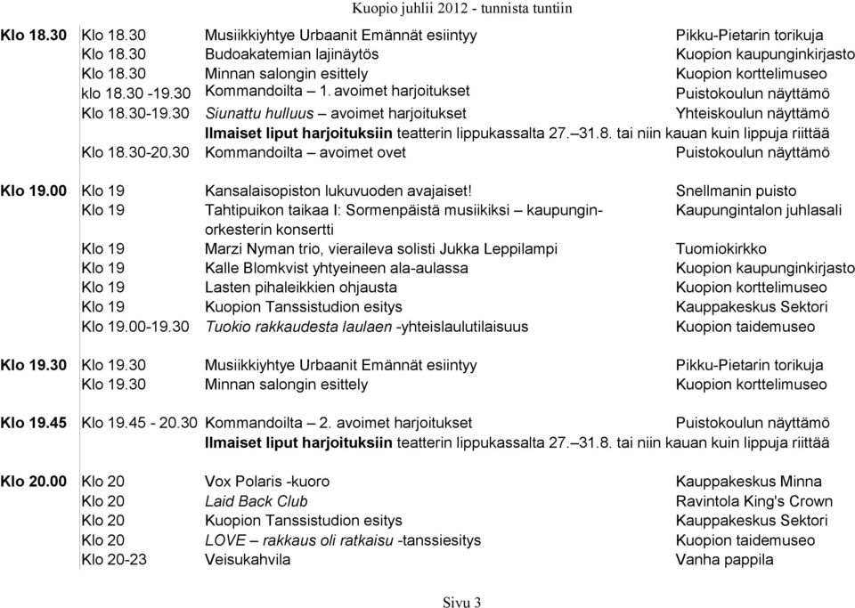 31.8. tai niin kauan kuin lippuja riittää Klo 18.30-20.30 Kommandoilta avoimet ovet Puistokoulun näyttämö Klo 19.00 Klo 19 Kansalaisopiston lukuvuoden avajaiset!