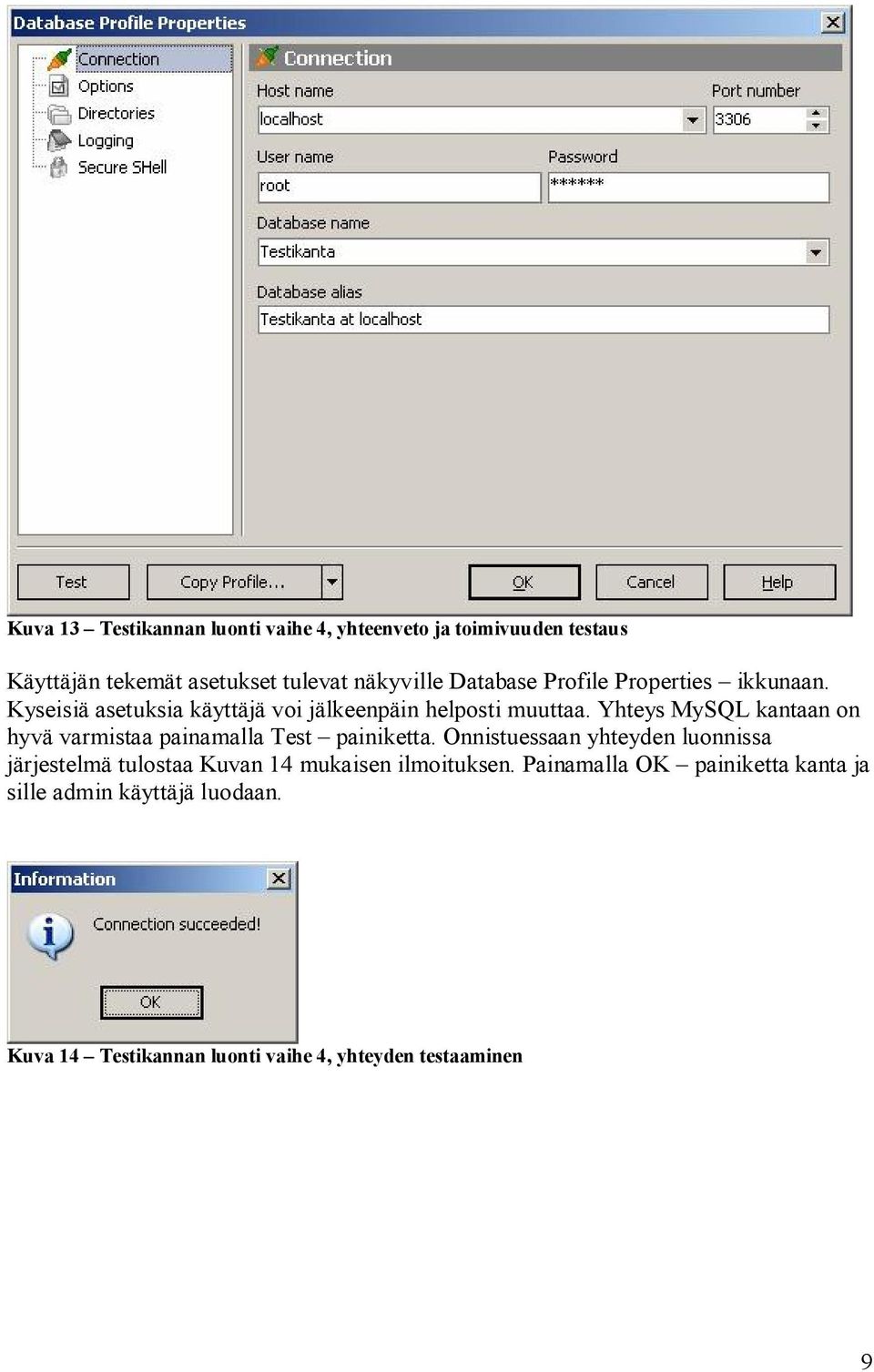 Yhteys MySQL kantaan on hyvä varmistaa painamalla Test painiketta.