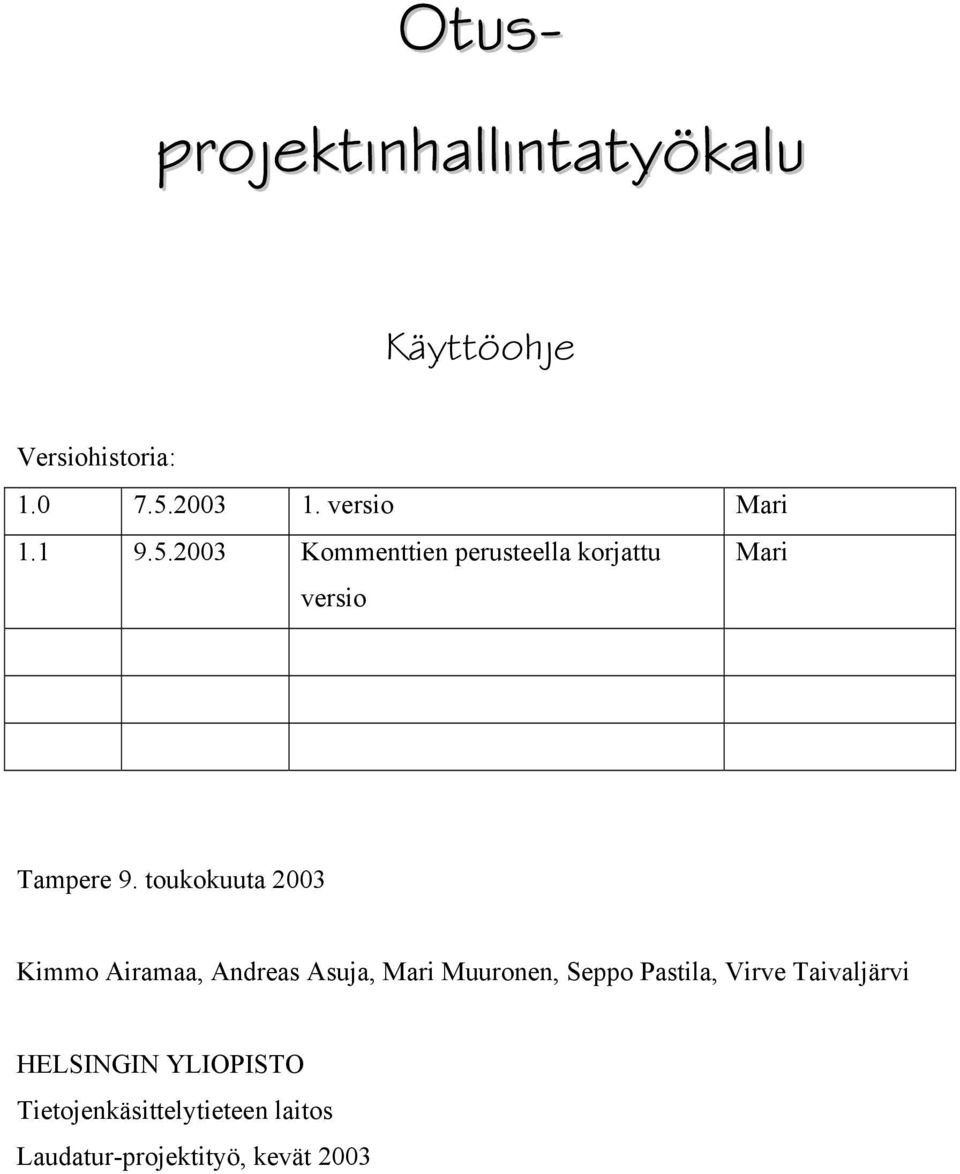 toukokuuta 2003 Kimmo Airamaa, Andreas Asuja, Mari Muuronen, Seppo Pastila, Virve