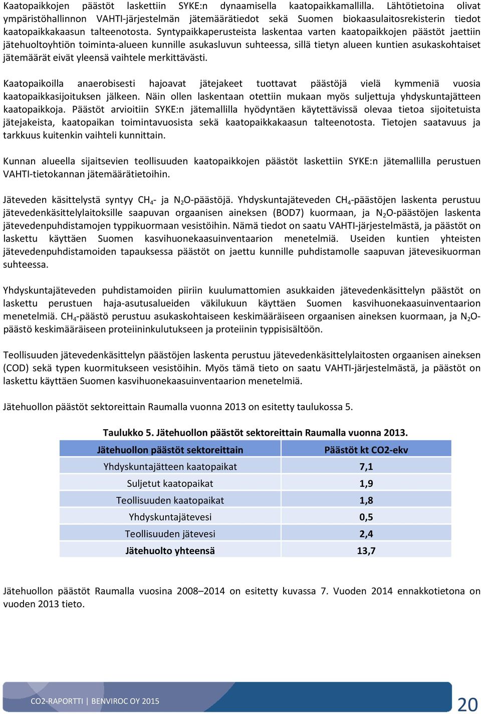 Syntypaikkaperusteista laskentaa varten kaatopaikkojen päästöt jaettiin jätehuoltoyhtiön toiminta-alueen kunnille asukasluvun suhteessa, sillä tietyn alueen kuntien asukaskohtaiset jätemäärät eivät