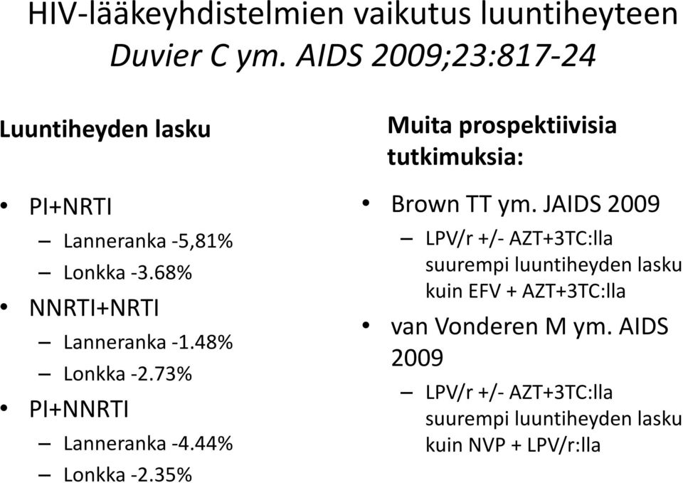 48% Lonkka -2.73% PI+NNRTI Lanneranka -4.44% Lonkka -2.35% Muita prospektiivisia tutkimuksia: Brown TT ym.