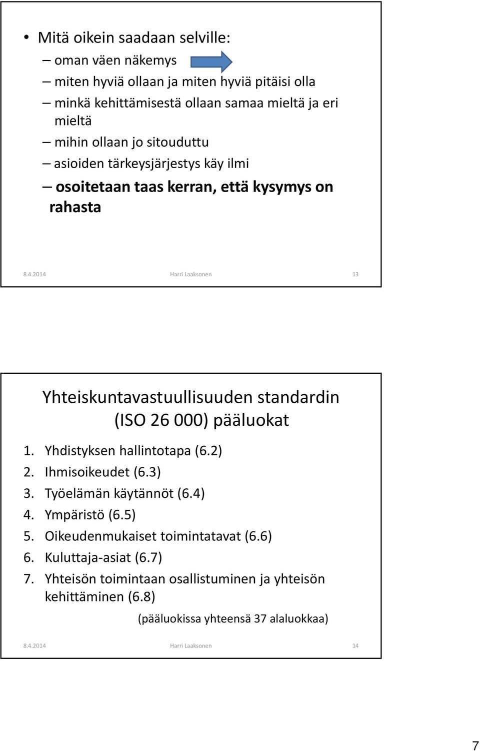 2014 Harri Laaksonen 13 Yhteiskuntavastuullisuuden standardin (ISO 26 000) pääluokat 1. Yhdistyksen hallintotapa (6.2) 2. Ihmisoikeudet (6.3) 3.
