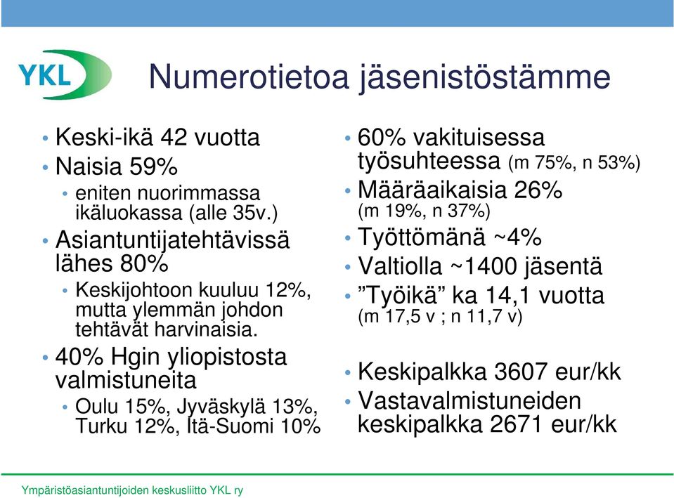 40% Hgin yliopistosta valmistuneita Oulu 15%, Jyväskylä 13%, Turku 12%, Itä-Suomi 10% 60% vakituisessa työsuhteessa (m 75%, n