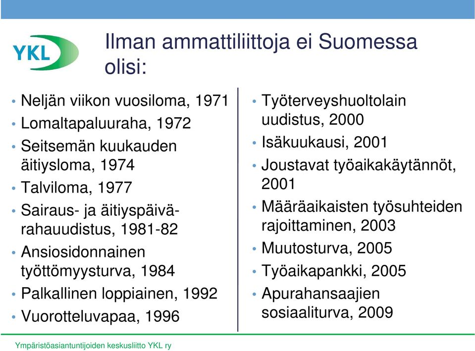 Palkallinen loppiainen, 1992 Vuorotteluvapaa, 1996 Työterveyshuoltolain uudistus, 2000 Isäkuukausi, 2001 Joustavat