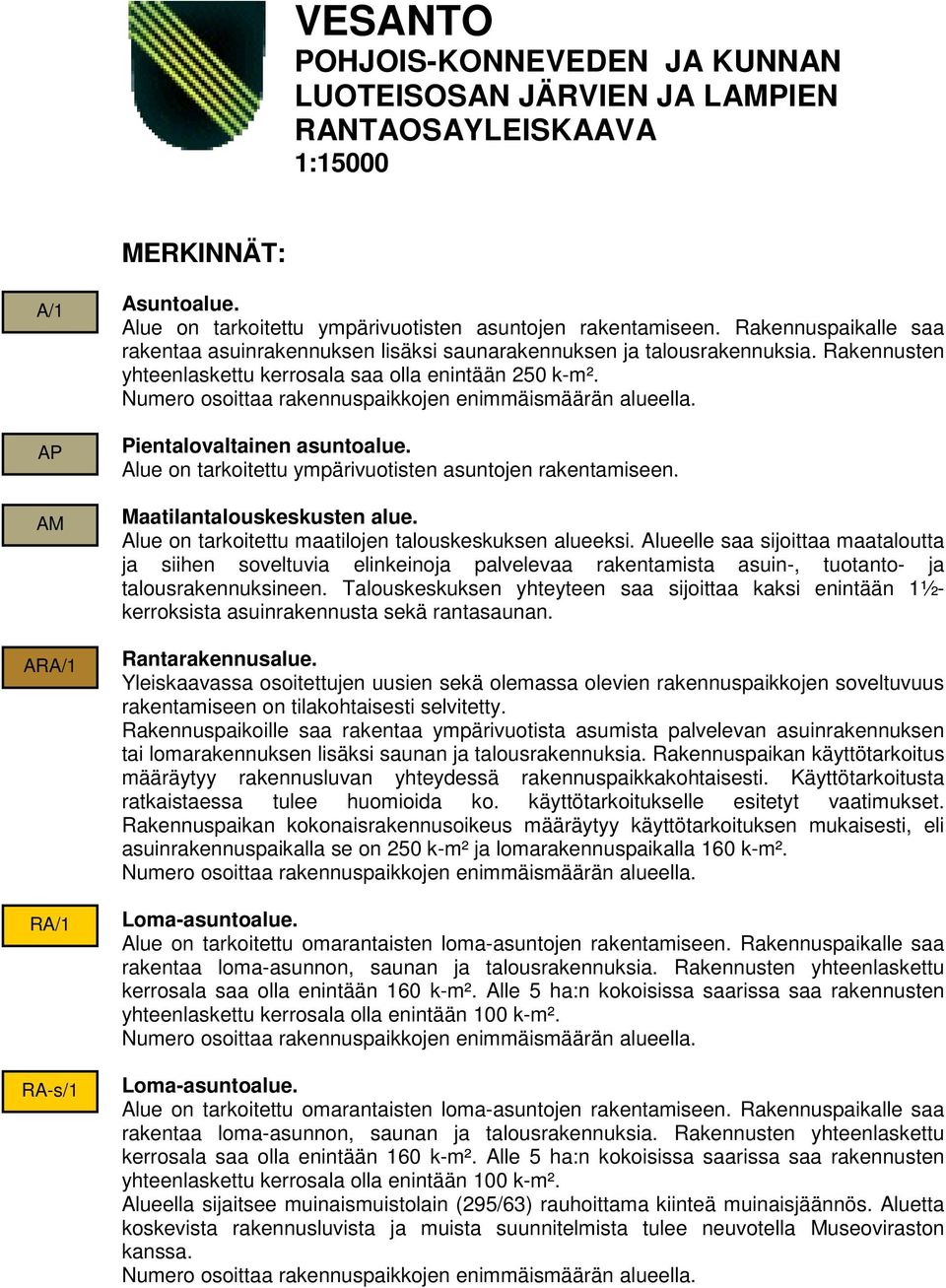 Rakennusten yhteenlaskettu kerrosala saa olla enintään 250 k-m². Pientalovaltainen asuntoalue. Alue on tarkoitettu ympärivuotisten asuntojen rakentamiseen. Maatilantalouskeskusten alue.