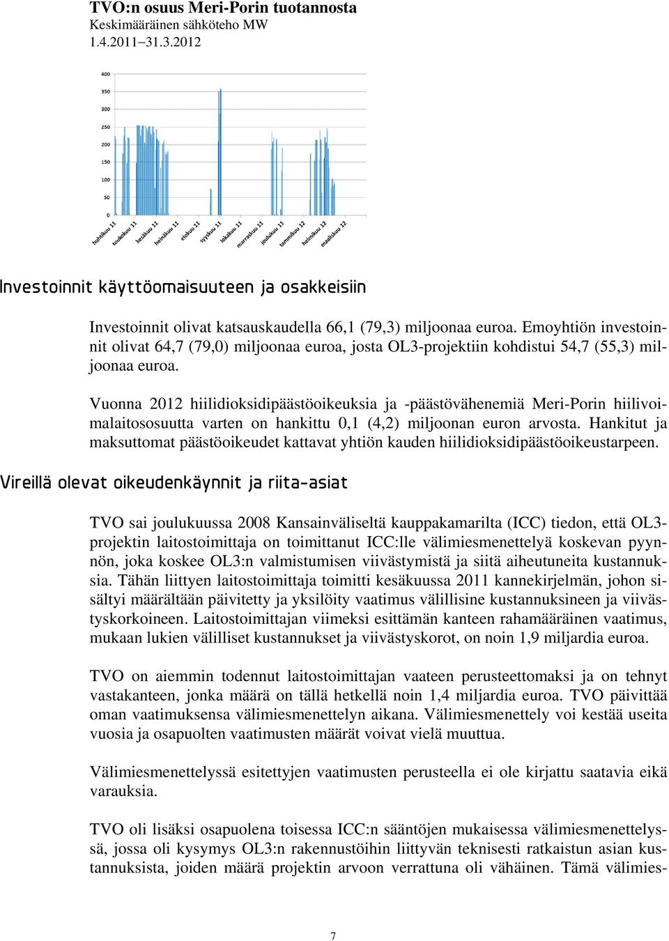 Vuonna 2012 hiilidioksidipäästöoikeuksia ja -päästövähenemiä Meri-Porin hiilivoimalaitososuutta varten on hankittu 0,1 (4,2) miljoonan euron arvosta.