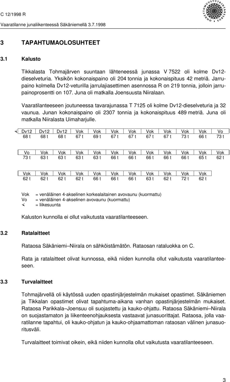 Vaaratilanteeseen joutuneessa tavarajunassa T 7125 oli kolme Dv12-dieselveturia ja 32 vaunua. Junan kokonaispaino oli 2307 tonnia ja kokonaispituus 489 metriä.