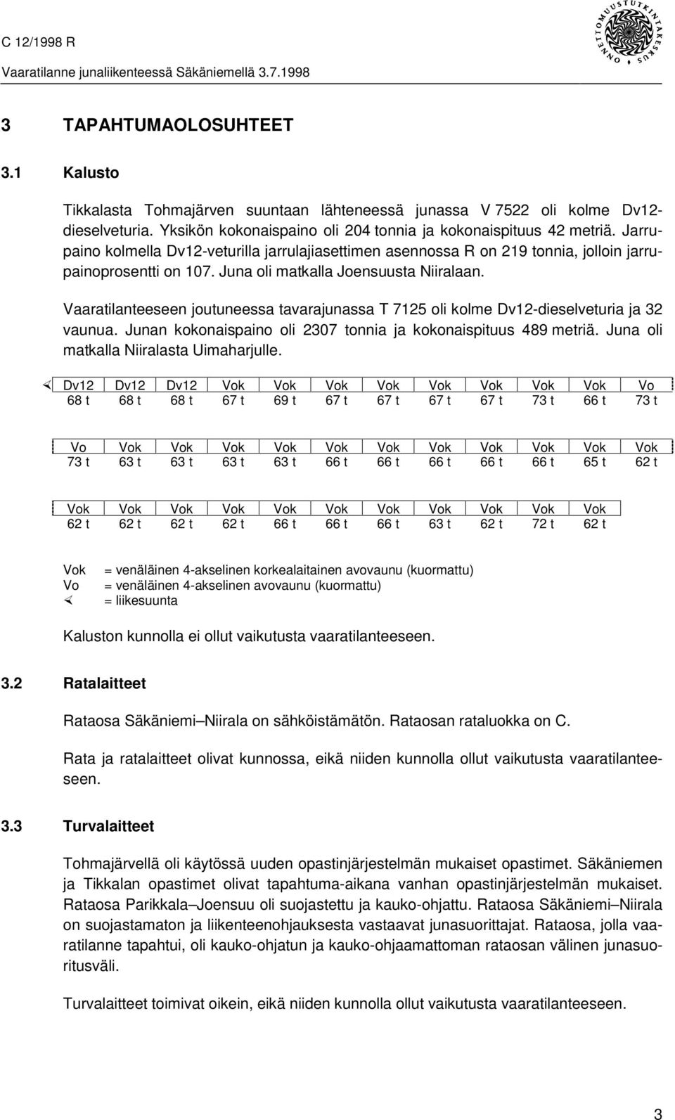 Vaaratilanteeseen joutuneessa tavarajunassa T 7125 oli kolme Dv12-dieselveturia ja 32 vaunua. Junan kokonaispaino oli 2307 tonnia ja kokonaispituus 489 metriä.