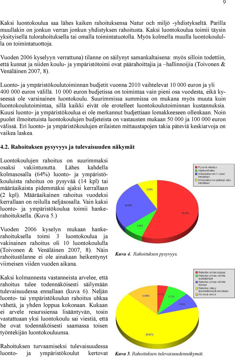 Vuoden 2006 kyselyyn verrattuna) tilanne on säilynyt samankaltaisena: myös silloin todettiin, että kunnat ja niiden koulu ja ympäristötoimi ovat päärahoittajia ja hallinnoijia (Toivonen & Venäläinen