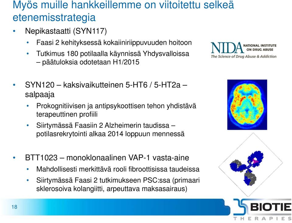 yhdistävä terapeuttinen profiili Siirtymässä Faasiin 2 Alzheimerin taudissa potilasrekrytointi alkaa 2014 loppuun mennessä BTT1023 monoklonaalinen VAP-1