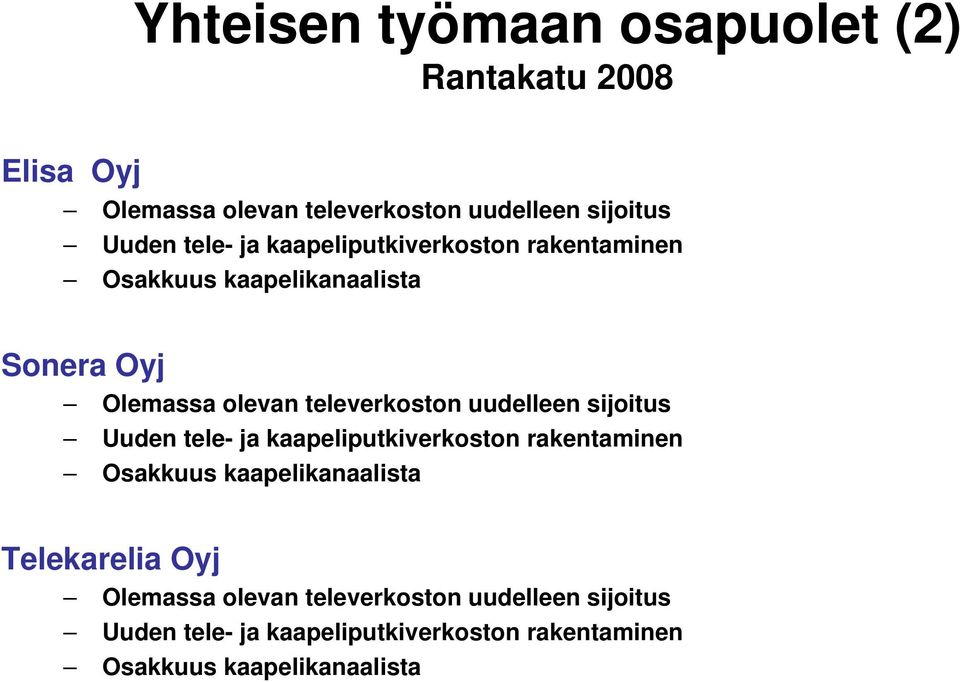 uudelleen sijoitus Uuden tele- ja kaapeliputkiverkoston rakentaminen Osakkuus kaapelikanaalista Telekarelia Oyj