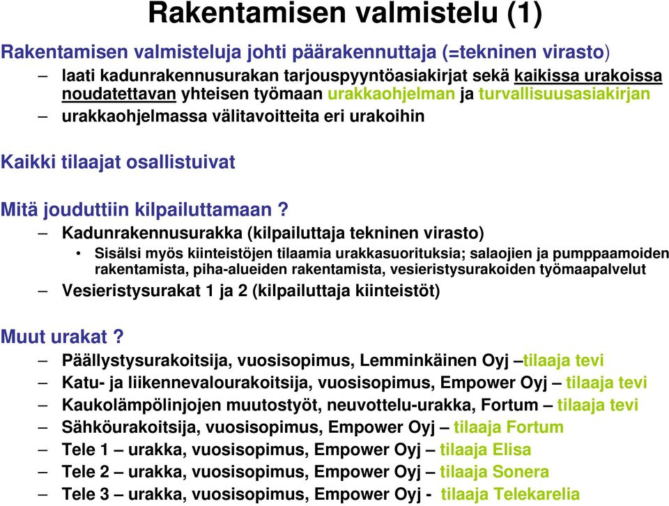 Kadunrakennusurakka (kilpailuttaja tekninen virasto) Sisälsi myös kiinteistöjen tilaamia urakkasuorituksia; salaojien ja pumppaamoiden rakentamista, piha-alueiden rakentamista, vesieristysurakoiden