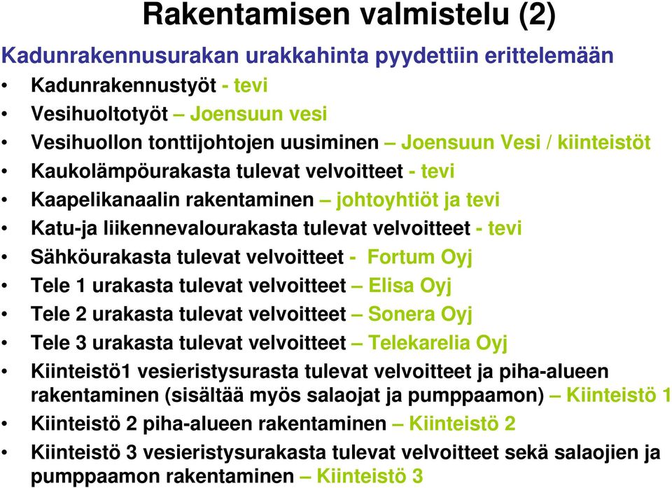 Fortum Oyj Tele 1 urakasta tulevat velvoitteet Elisa Oyj Tele 2 urakasta tulevat velvoitteet Sonera Oyj Tele 3 urakasta tulevat velvoitteet Telekarelia Oyj Kiinteistö1 vesieristysurasta tulevat