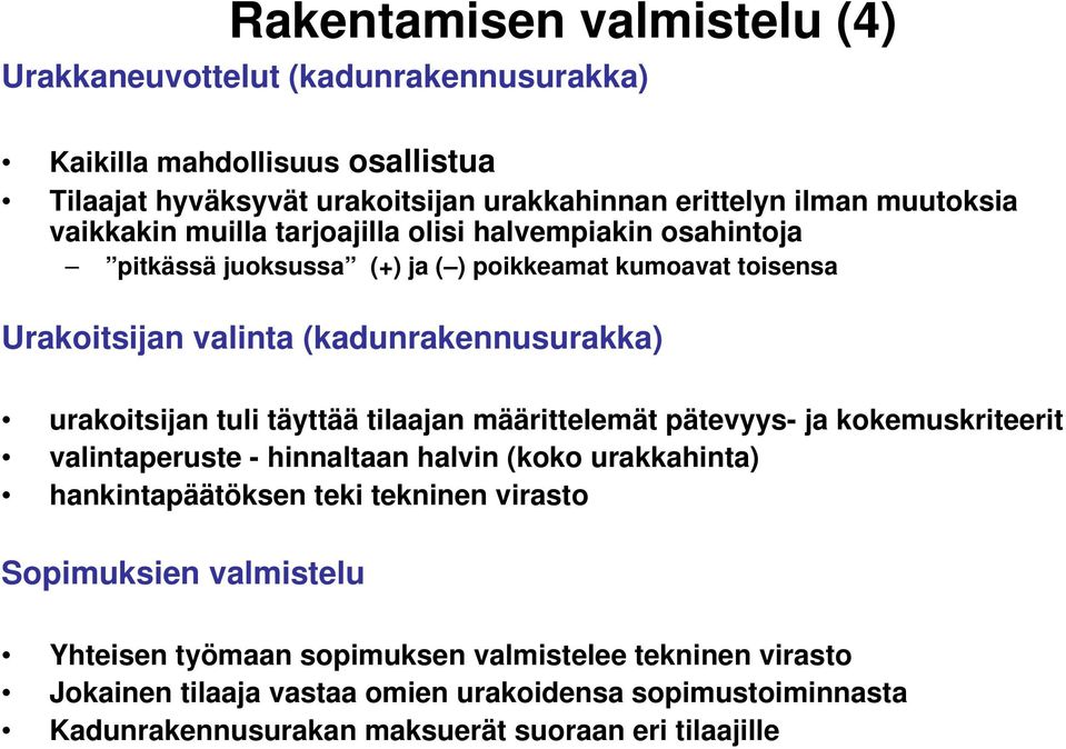 tuli täyttää tilaajan määrittelemät pätevyys- ja kokemuskriteerit valintaperuste - hinnaltaan halvin (koko urakkahinta) hankintapäätöksen teki tekninen virasto Sopimuksien