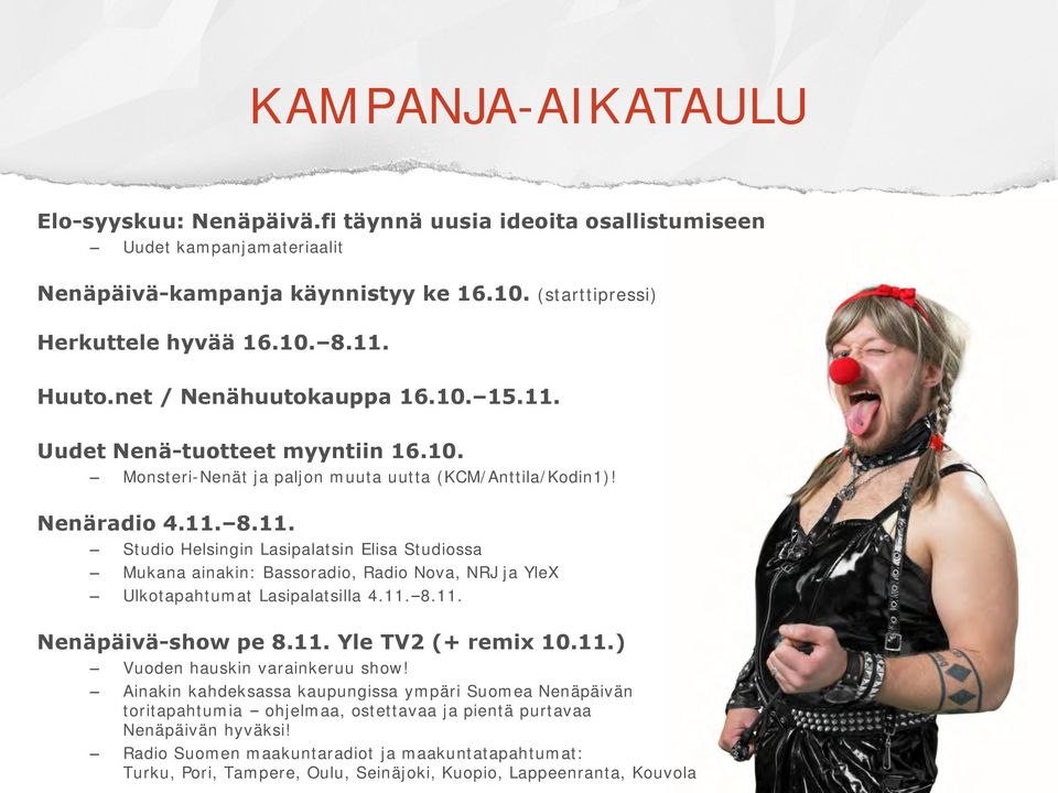 11. 8.11. Nenäpäivä-show pe 8.11. Yle TV2 (+ remix 10.11.) Vuoden hauskin varainkeruu show!