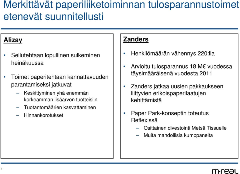 Hinnankorotukset Zanders Henkilömäärän vähennys 22:lla Arvioitu tulosparannus 18 vuodessa täysimääräisenä vuodesta 211 Zanders jatkaa uusien