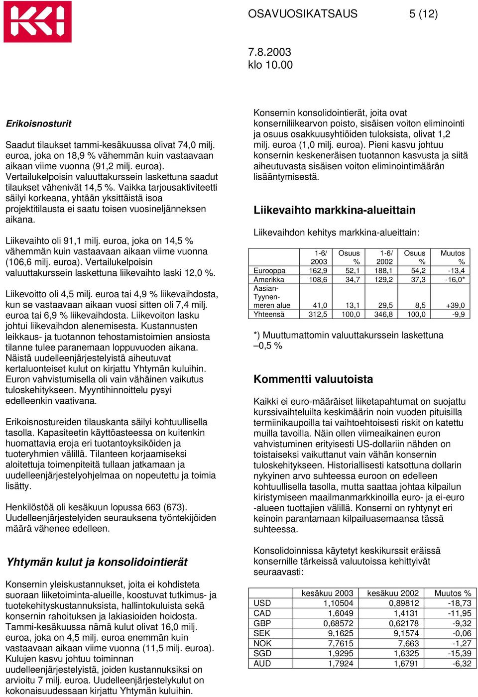 Vaikka tarjousaktiviteetti säilyi korkeana, yhtään yksittäistä isoa projektitilausta ei saatu toisen vuosineljänneksen aikana. Liikevaihto oli 91,1 milj.