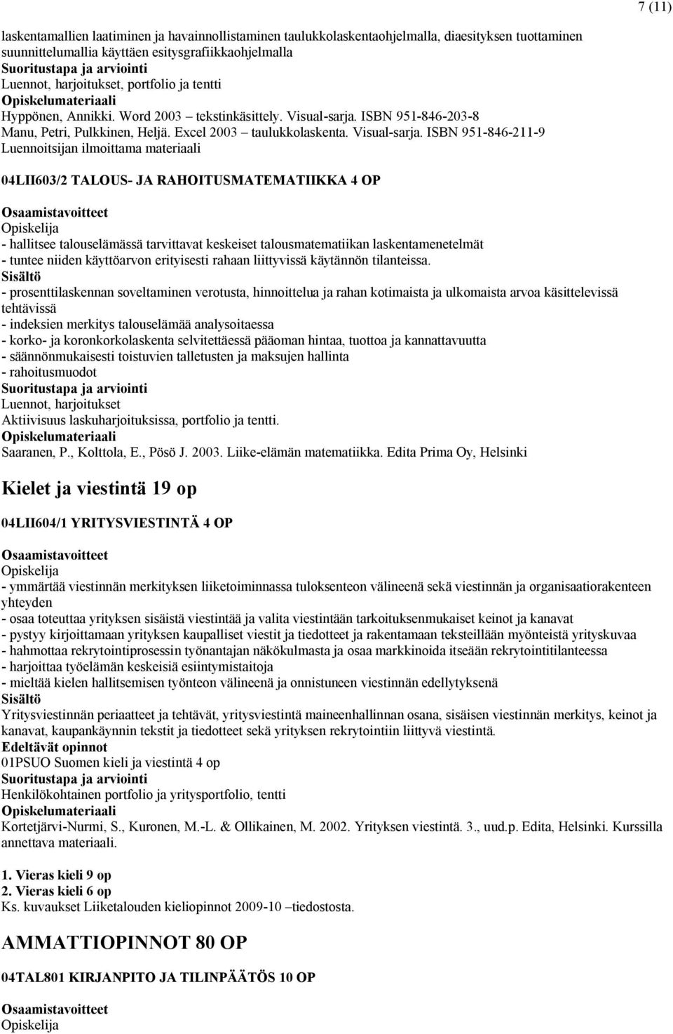 ISBN 951-846-203-8 Manu, Petri, Pulkkinen, Heljä. Excel 2003 taulukkolaskenta. Visual-sarja.