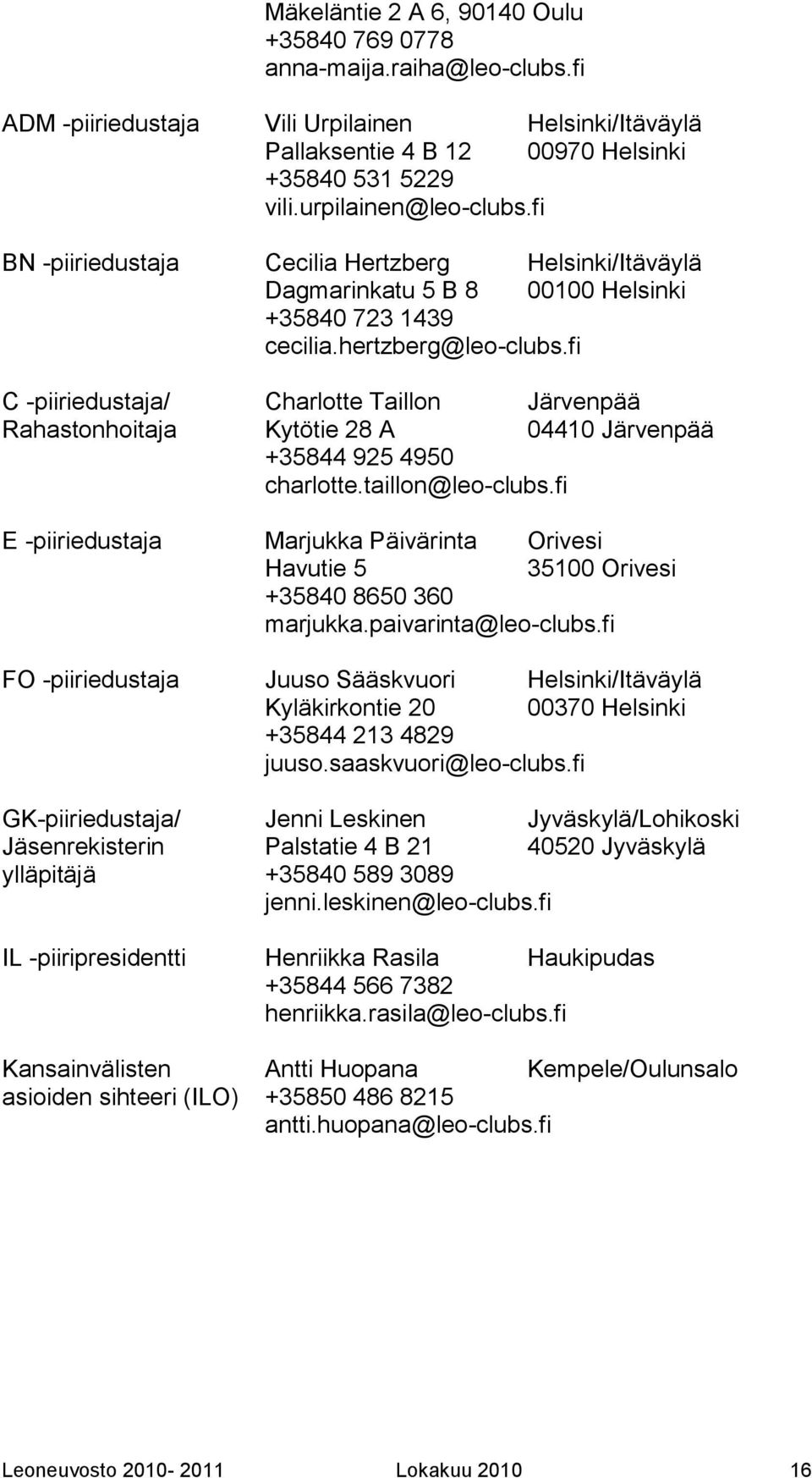 fi C -piiriedustaja/ Charlotte Taillon Järvenpää Rahastonhoitaja Kytötie 28 A 04410 Järvenpää +35844 925 4950 charlotte.taillon@leo-clubs.