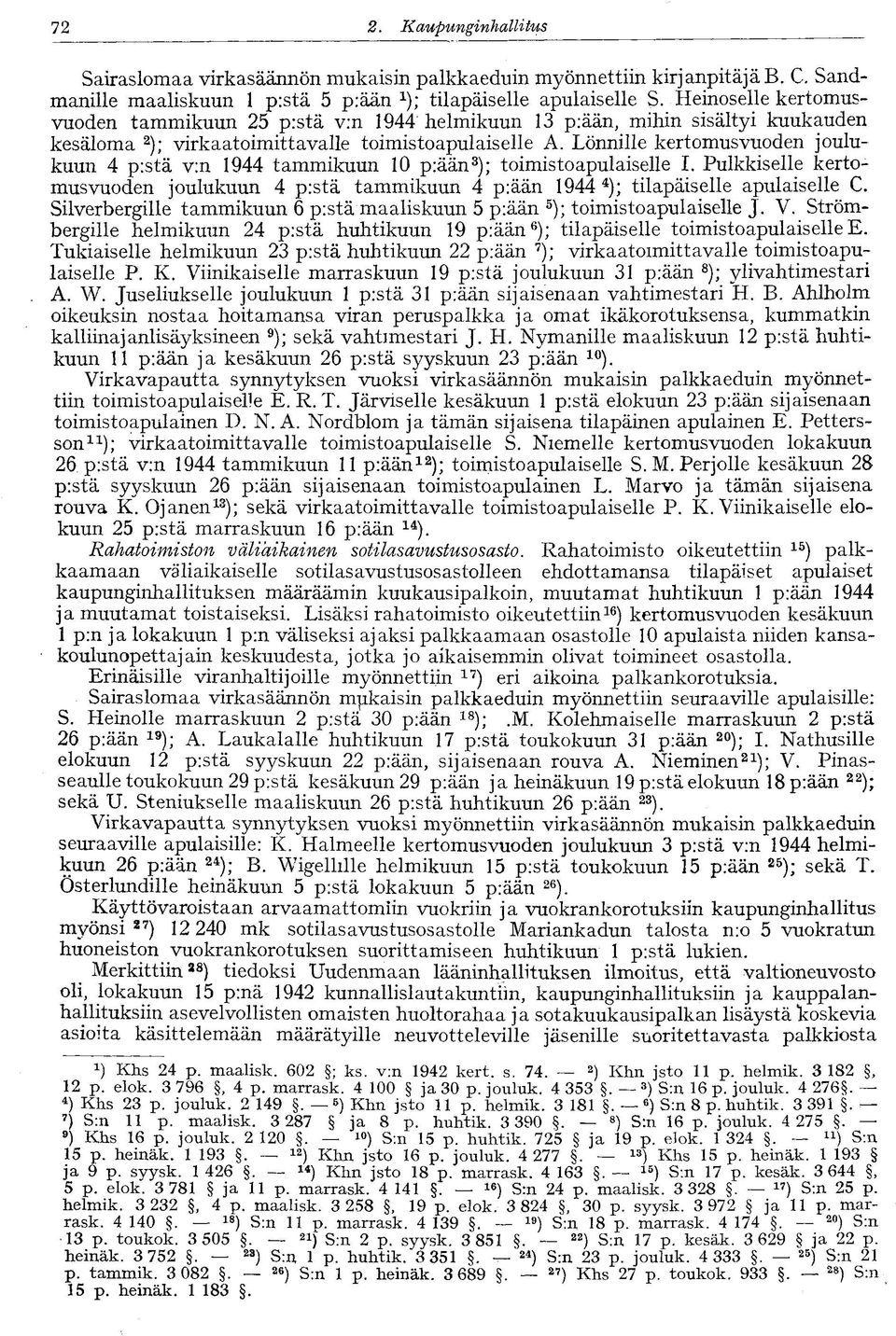 Lönnille kertomusvuoden joulukuun 4 pistä v:n 1944 tammikuun 10 p:ään 3 ); toimistoapulaiselle I. Pulkkiselle kertomusvuoden joulukuun 4 pistä tammikuun 4 piään 1944 4 ); tilapäiselle apulaiselle C.