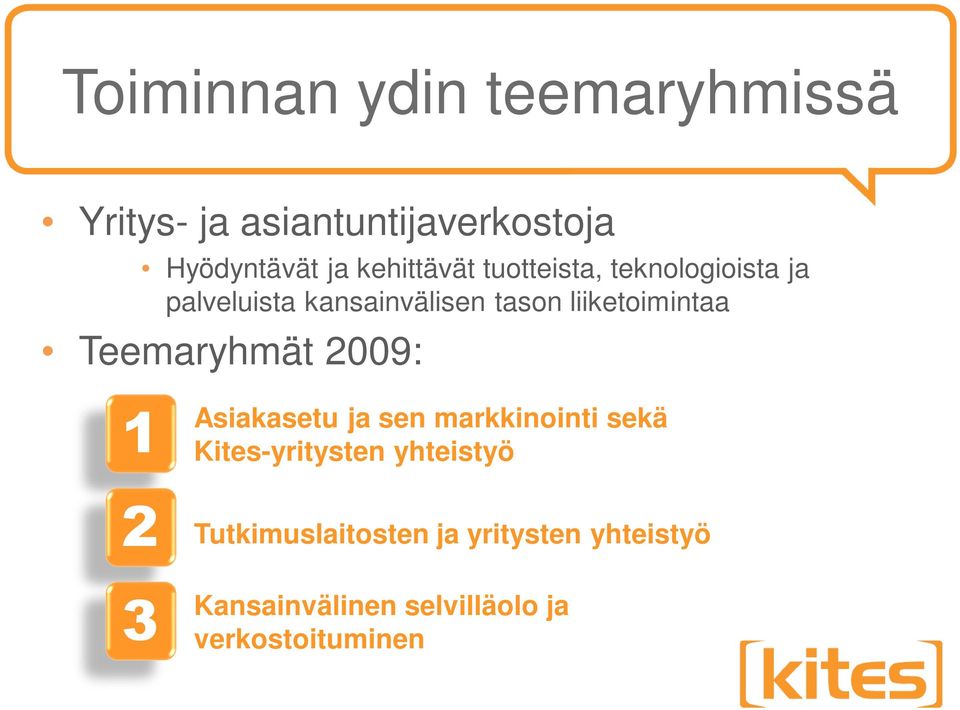 liiketoimintaa Teemaryhmät 2009: 1 2 3 Asiakasetu ja sen markkinointi sekä