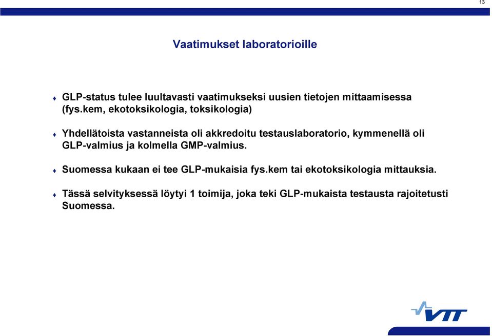 kymmenellä oli GLP-valmius ja kolmella GMP-valmius. Suomessa kukaan ei tee GLP-mukaisia fys.