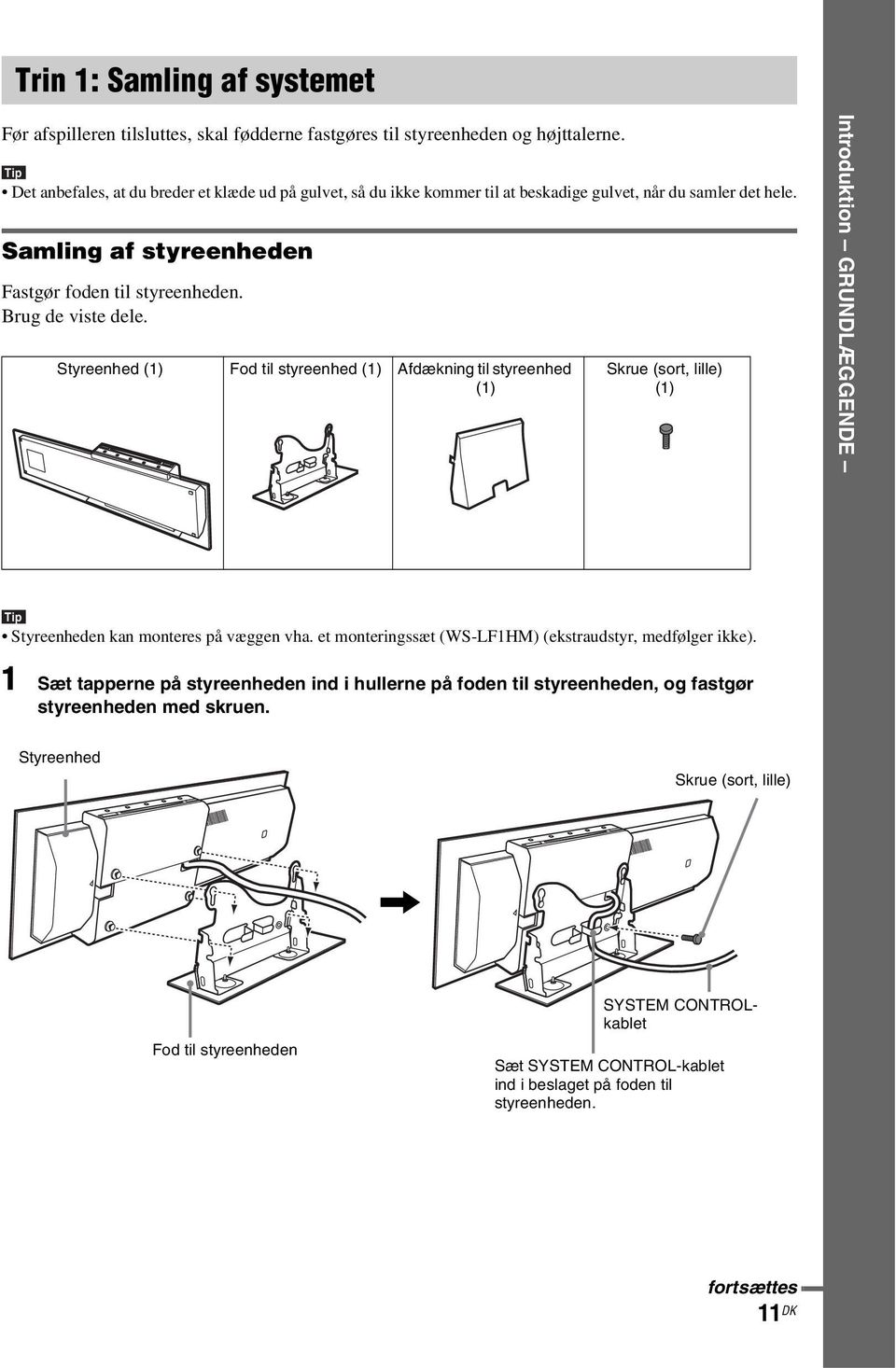 Styreenhed (1) Fod til styreenhed (1) Afdækning til styreenhed (1) Skrue (sort, lille) (1) Introduktion GRUNDLÆGGENDE Tip Styreenheden kan monteres på væggen vha.