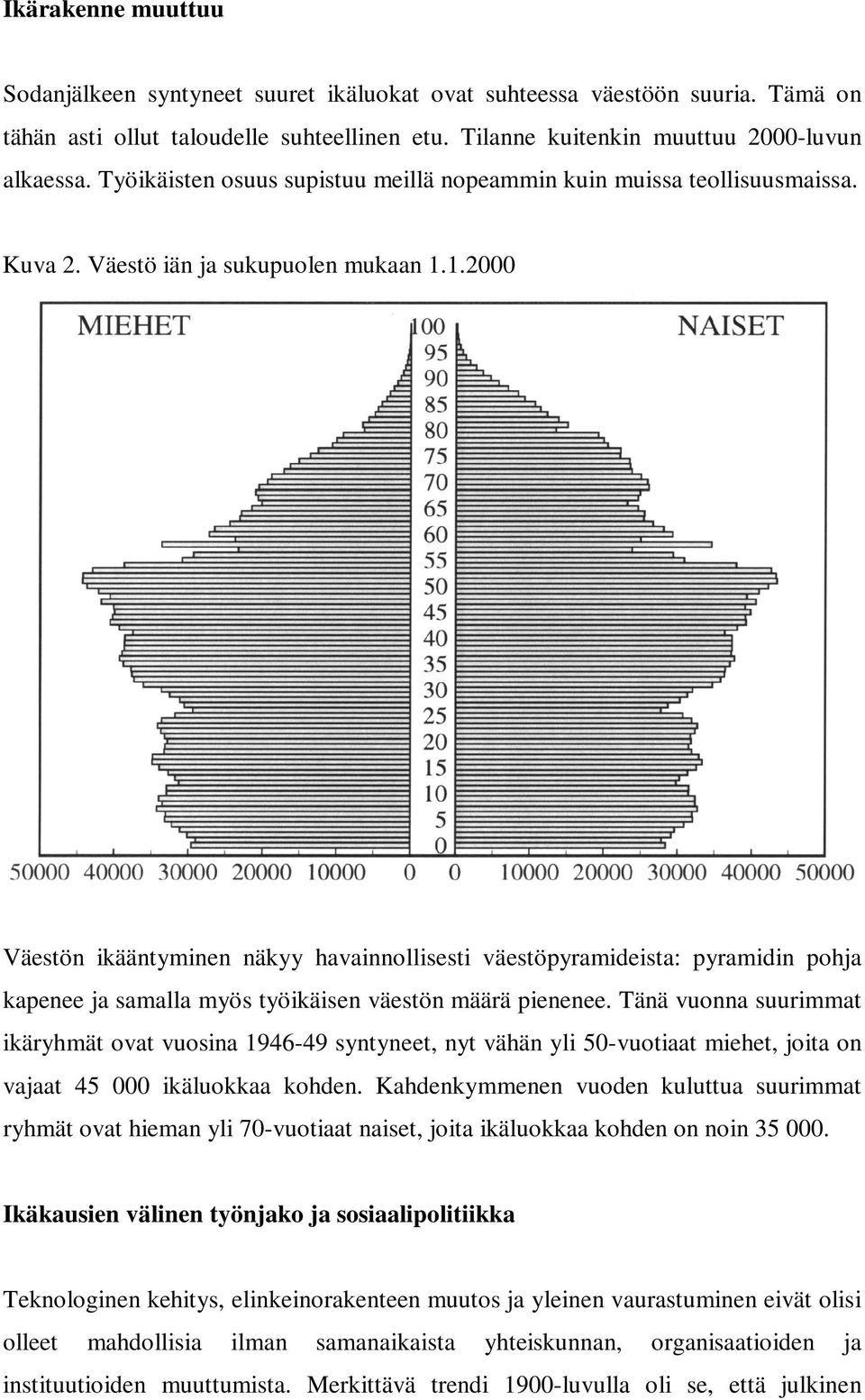 1.2000 Väestön ikääntyminen näkyy havainnollisesti väestöpyramideista: pyramidin pohja kapenee ja samalla myös työikäisen väestön määrä pienenee.