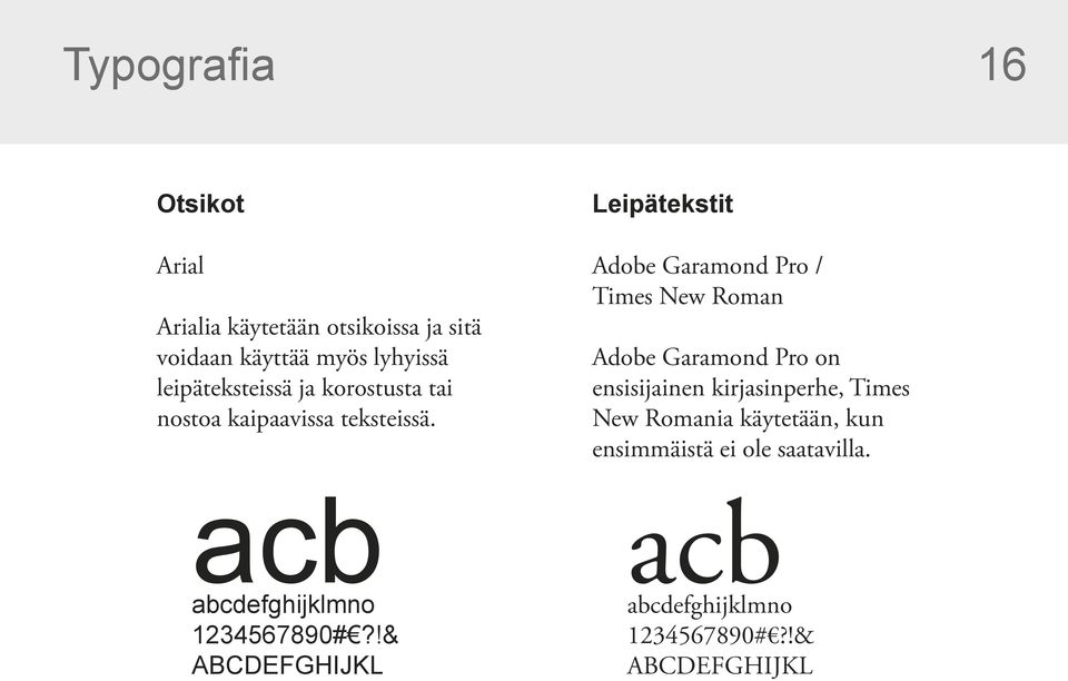 !& ABCDEFGHIJKL Leipätekstit Adobe Garamond Pro / Times New Roman Adobe Garamond Pro on ensisijainen