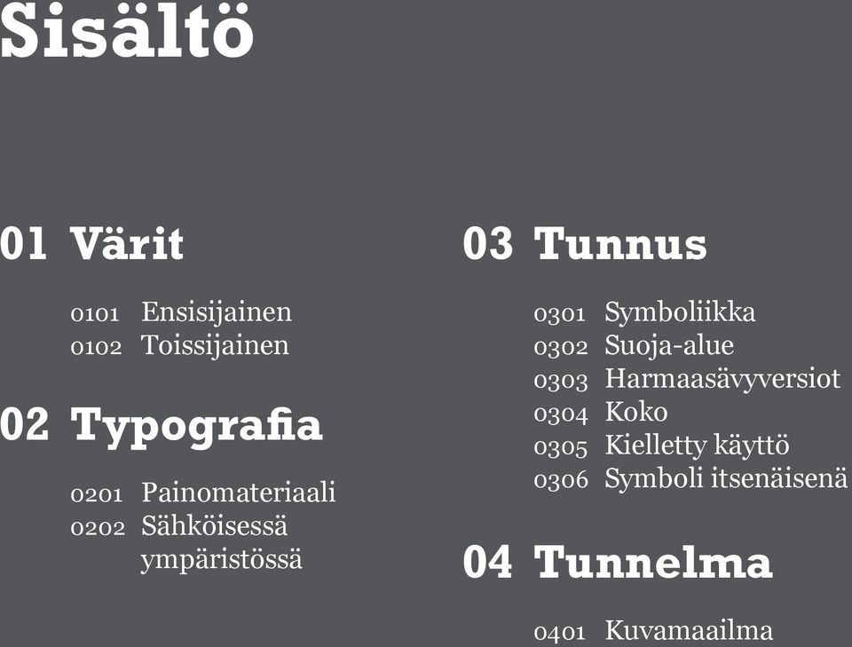 Symboliikka 0302 Suoja-alue 0303 Harmaasävyversiot 0304 Koko 0305