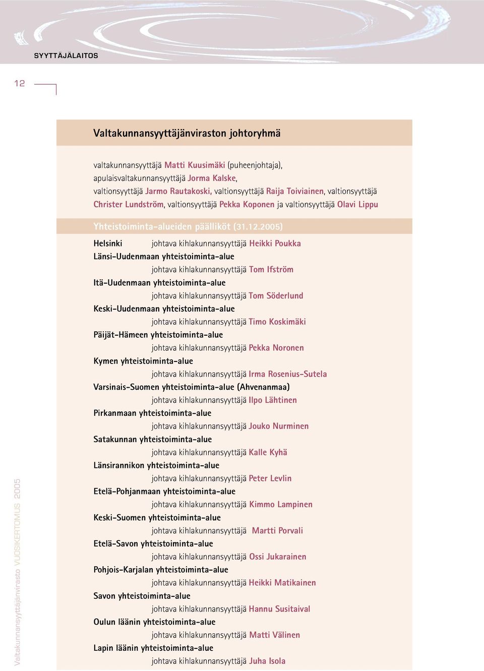 2005) Helsinki johtava kihlakunnansyyttäjä Heikki Poukka Länsi-Uudenmaan yhteistoiminta-alue johtava kihlakunnansyyttäjä Tom Ifström Itä-Uudenmaan yhteistoiminta-alue johtava kihlakunnansyyttäjä Tom