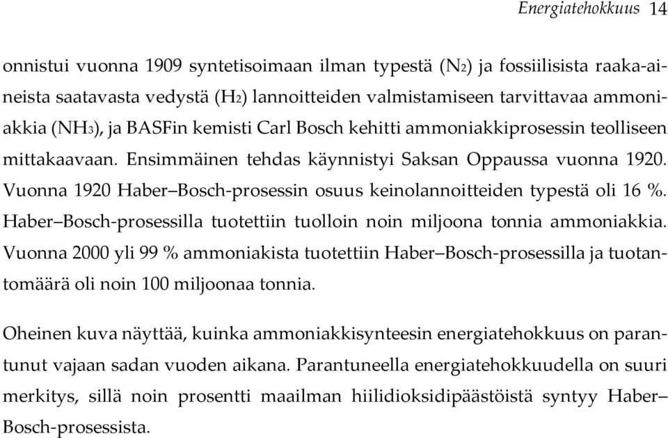 Vuonna 1920 Haber Bosch-prosessin osuus keinolannoitteiden typestä oli 16 %. Haber Bosch-prosessilla tuotettiin tuolloin noin miljoona tonnia ammoniakkia.