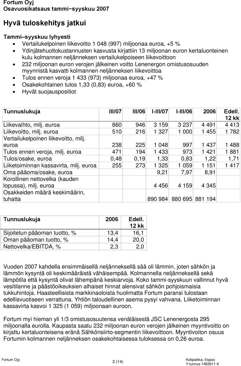 kolmannen neljänneksen liikevoittoa Tulos ennen veroja 1 433 (973) miljoonaa euroa, +47 % Osakekohtainen tulos 1,33 (0,83) euroa, +60 % Hyvät suojauspositiot Tunnuslukuja III/07 III/06 I-III/07