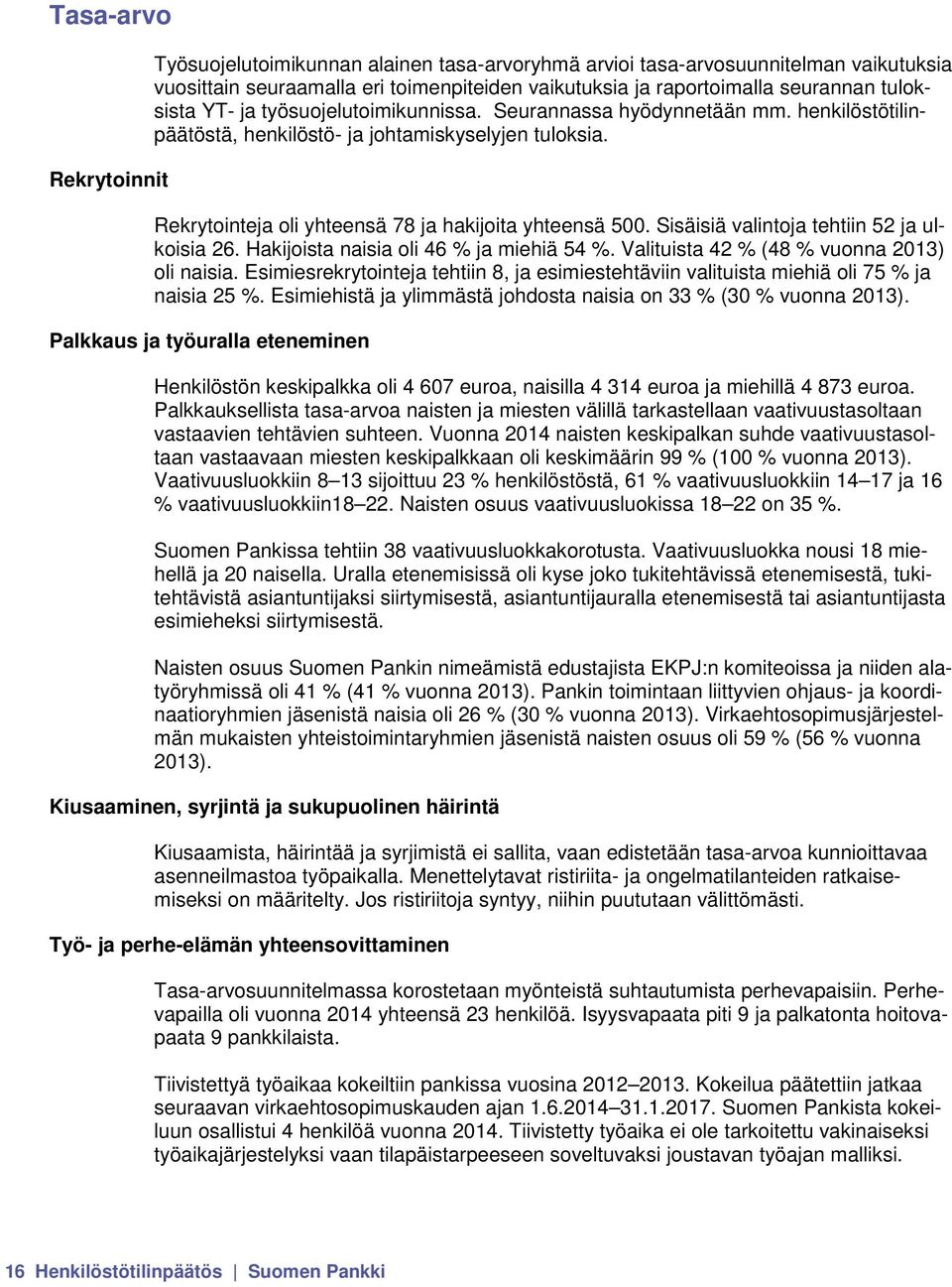 Sisäisiä valintoja tehtiin 52 ja ulkoisia 26. Hakijoista naisia oli 46 % ja miehiä 54 %. Valituista 42 % (48 % vuonna 2013) oli naisia.