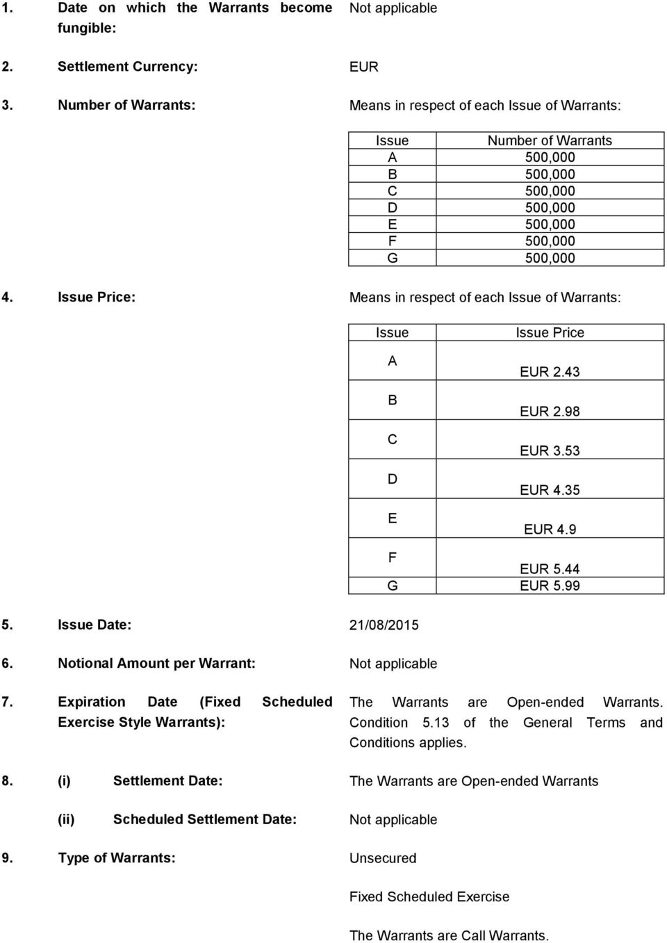 Issue Price: Means in respect of each Issue of Warrants: Issue A B C D E Issue Price EUR 2.43 EUR 2.98 EUR 3.53 EUR 4.35 EUR 4.9 F EUR 5.44 G EUR 5.99 5. Issue Date: 21/08/2015 6.