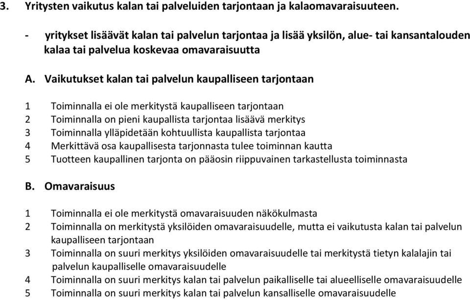 Vaikutukset kalan tai palvelun kaupalliseen tarjontaan 1 Toiminnalla ei ole merkitystä kaupalliseen tarjontaan 2 Toiminnalla on pieni kaupallista tarjontaa lisäävä merkitys 3 Toiminnalla ylläpidetään