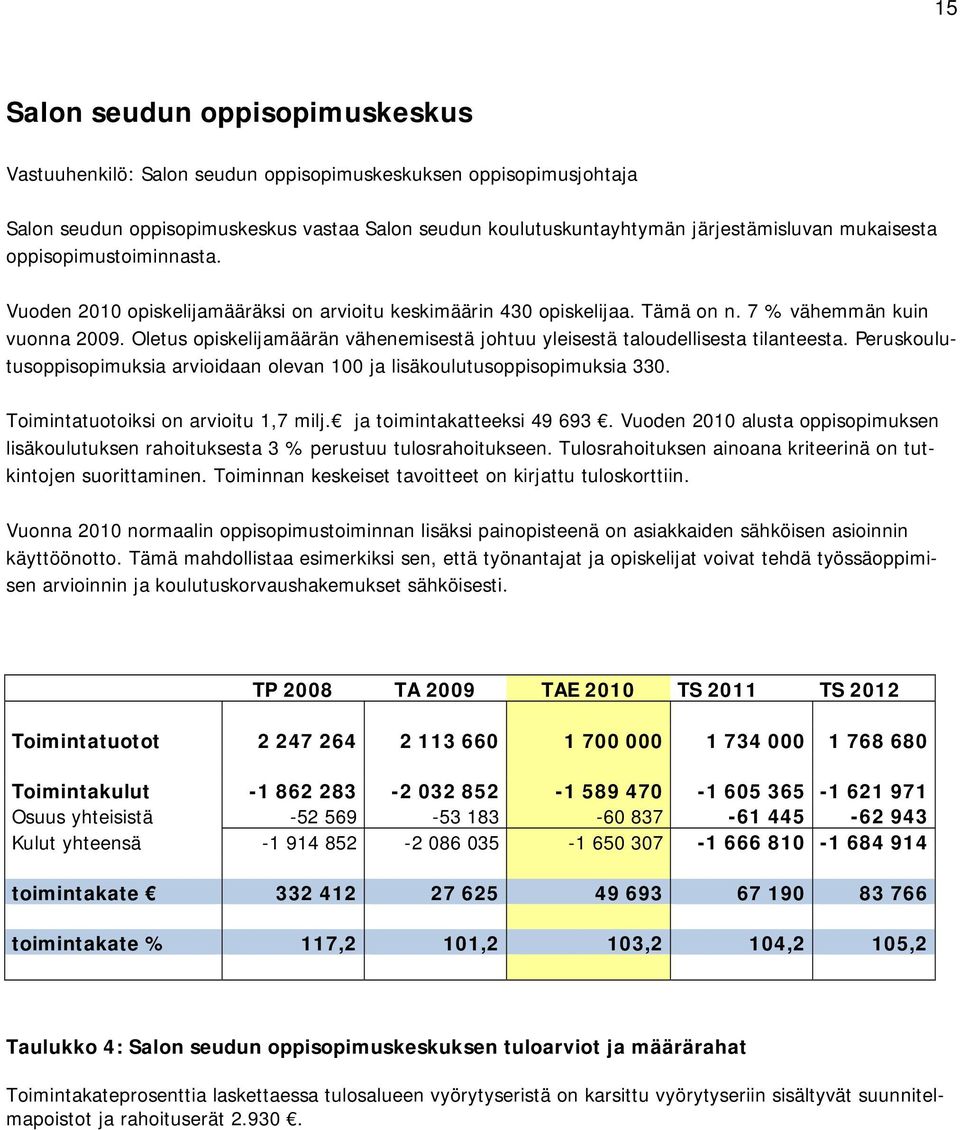 Oletus opiskelijamäärän vähenemisestä johtuu yleisestä taloudellisesta tilanteesta. Peruskoulutusoppisopimuksia arvioidaan olevan 100 ja lisäkoulutusoppisopimuksia 330.