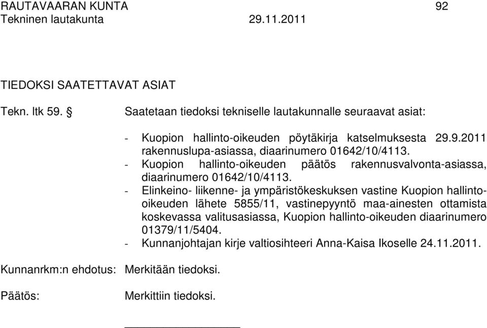 - Kuopion hallinto-oikeuden päätös rakennusvalvonta-asiassa, diaarinumero 01642/10/4113.