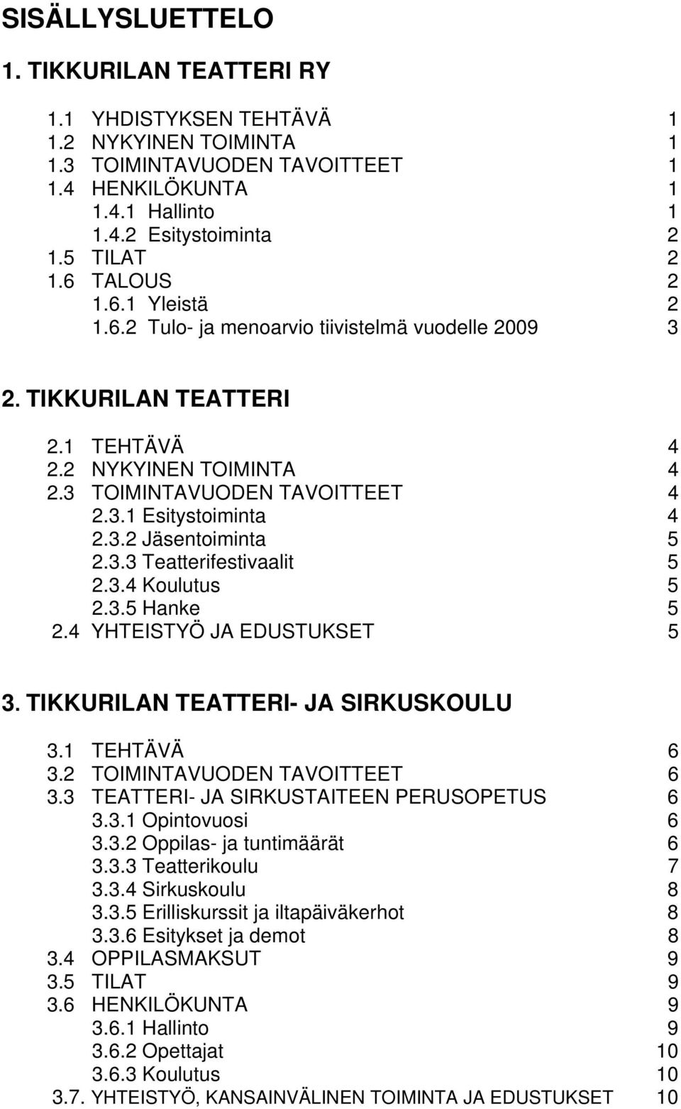 3.3 Teatterifestivaalit 5 2.3.4 Koulutus 5 2.3.5 Hanke 5 2.4 YHTEISTYÖ JA EDUSTUKSET 5 3. TIKKURILAN TEATTERI- JA SIRKUSKOULU 3.1 TEHTÄVÄ 6 3.2 TOIMINTAVUODEN TAVOITTEET 6 3.