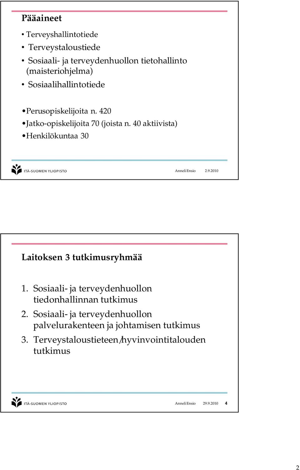 40 aktiivista) Henkilökuntaa 30 Anneli Ensio 2.9.2010 Laitoksen 3 tutkimusryhmää 1.