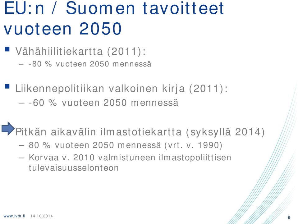 Pitkän aikavälin ilmastotiekartta (syksyllä 14) 80 % vuoteen 50 mennessä (vrt.