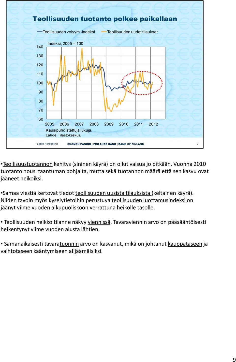 Samaa viestiä kertovat tiedot teollisuuden uusista tilauksista (keltainen käyrä).