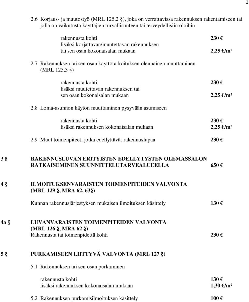 7 Rakennuksen tai sen osan käyttötarkoituksen olennainen muuttaminen (MRL 125,3 ) rakennusta kohti 230 lisäksi muutettavan rakennuksen tai sen osan kokonaisalan mukaan 2,25 /m² 2.