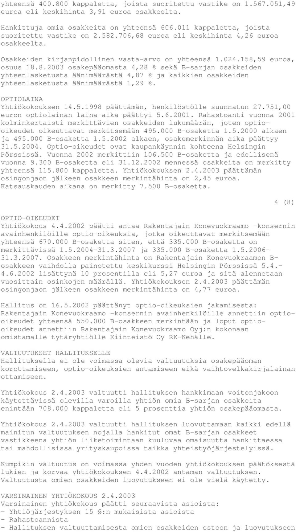 OPTIOLAINA Yhtiökokouksen 14.5.1998 päättämän, henkilöstölle suunnatun 27.751,00 euron optiolainan laina-aika päättyi 5.6.2001.