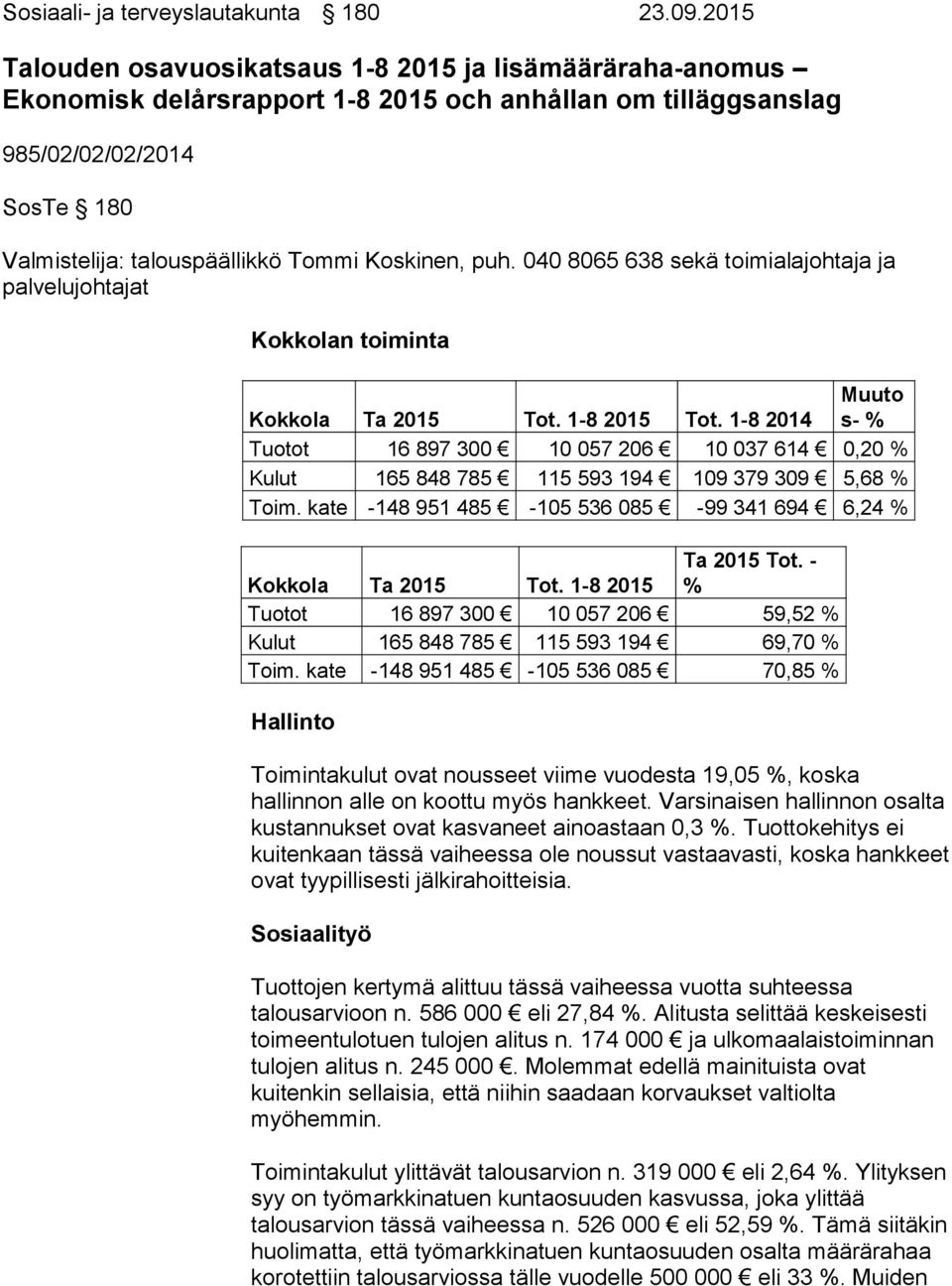 Koskinen, puh. 040 8065 638 sekä toimialajohtaja ja palvelujohtajat Kokkolan toiminta Kokkola Ta 2015 Tot. 1-8 2015 Tot.