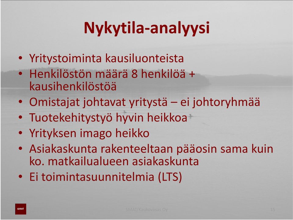 Tuotekehitystyö hyvin heikkoa Yrityksen imago heikko Asiakaskunta rakenteeltaan pääosin
